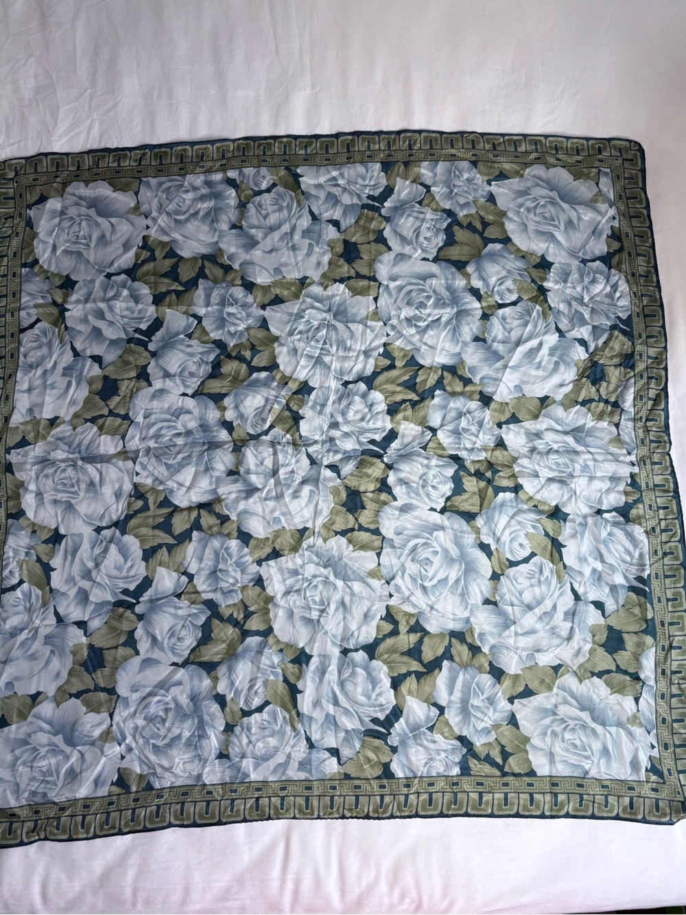 Elaine Gold Silk Satin Floral Square Scarf 31X31  Blue Green White Logo